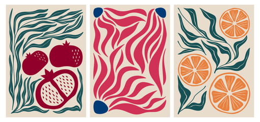 Modern abstract compositions with groovy flowing leaves, pomegranates and citrus slices for contemporary wall art. Bold colorful shapes in dynamic botanical designs. Retro decorative prints.
