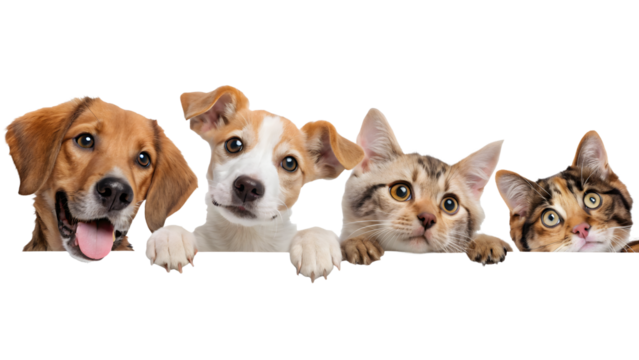 Dogs and cats peeking over web banner PNG transparent background