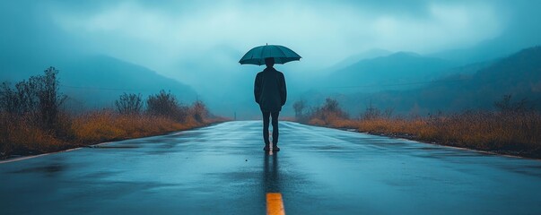 Photo of an old man standing in the middle of a road with an umbrella, capturing the serenity and introspective mood of the moment, Generative AI