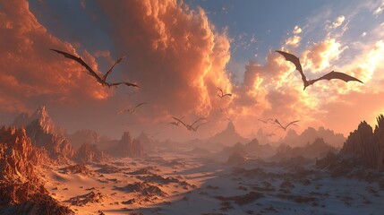 Dragons soar over a fantastical landscape. Fantasy artwork for web, design, editorial.