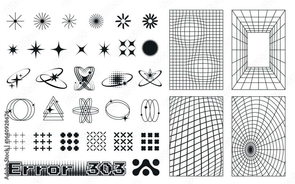Poster black geometric shapes with techno aesthetic for poster design - retro y2k elements of stars, grids 