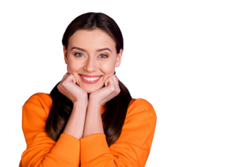 Close-up portrait of her she nice attractive lovely cute winsome peaceful cheerful cheery kind girl enjoying day dream isolated over bright vivid shine vibrant violet purple lilac color background