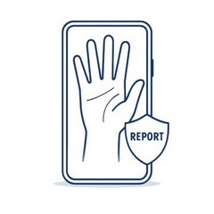 Obraz premium online grooming - A translucent adult hand with five fingers appears behind a glowing phone outline, featuring a report shield icon, depicted in minimal line-art style.