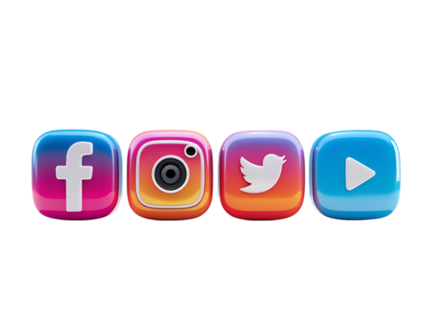 Collection of popular social media icons including facebook, instagram, twitter, and youtube, isolated on transparent background