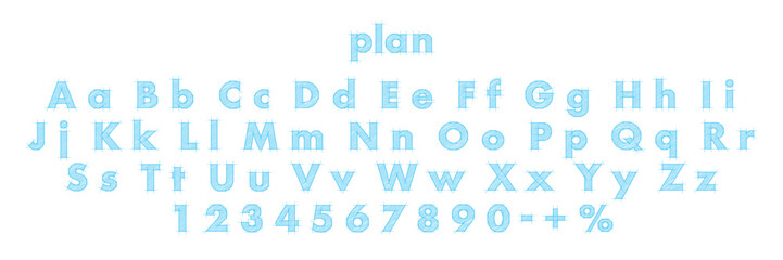 Blueprint font. Architectural typeface. Technical drawing alphabet with geometric construction guides, capital and lowercase letters, numbers, and symbols. Graphic vector illustration.