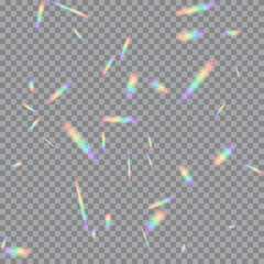 Rainbow light flares on transparent background. Glowing prism light leaks scattered randomly. Camera lens flickers. Holographic rays. Abstract vector illustration.