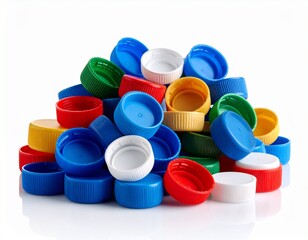 A pile of colorful plastic bottle caps, representing plastic waste and recycling.