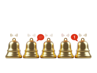 Row of golden notification bells with sound waves and alert icons, symbolizing communication and alerts, isolated on transparent background