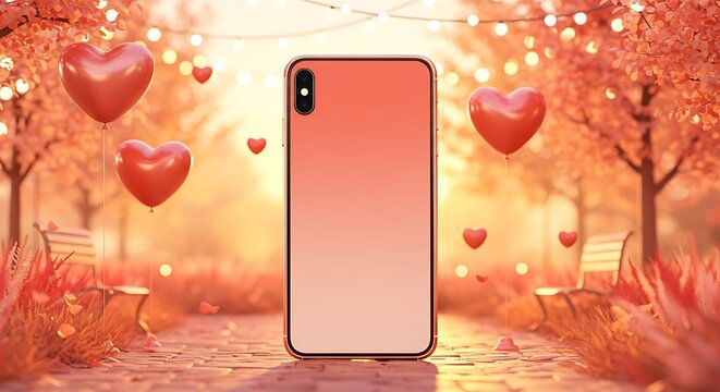Rose-Gold 3D Mobile Phone Mockup in Romantic Park with Balloon Hearts and Golden Hour Light