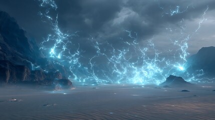 Fototapeta premium Lightning Strikes Eerie Landscape. Sci-Fi concept illustration. Use for design, advertising, editorial.