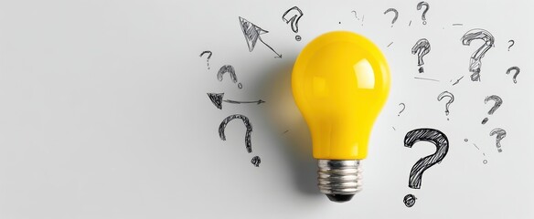 The bright yellow lightbulb surrounded by question marks and arrows.