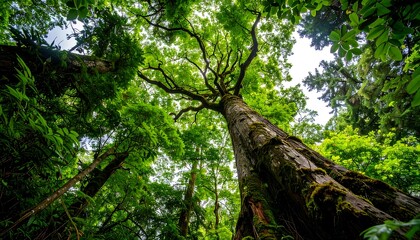Fototapeta premium Lush forest canopy viewed from below.
