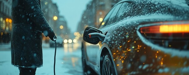 Hand charging an electric car, symbolizing the transition to sustainable energy solutions and clean transportation, Generative AI