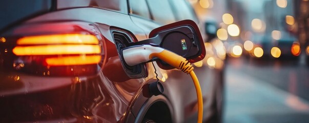 Hand charging an electric car, symbolizing the transition to sustainable energy solutions and clean transportation, Generative AI