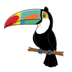 Cute Colorful Cartoon Toucan on a Branch Illustration
