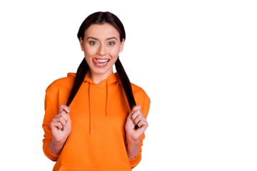 Portrait of her she nice attractive lovely cute girlish funny cheerful cheery girl touching ponytails licking lip isolated over bright vivid shine vibrant violet purple lilac color background