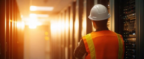 The technician in a server room overseeing data management operations at sunset.