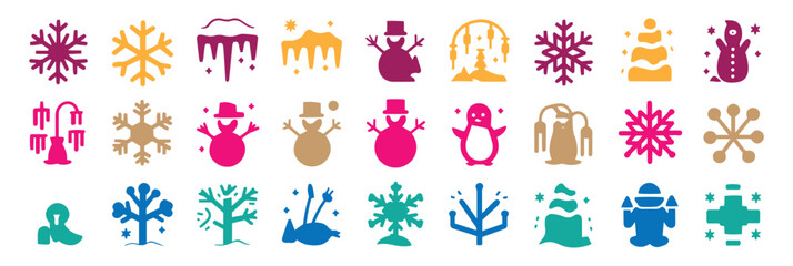 Colorful winter-themed icons include snowflakes, snowmen, penguins, icicles, trees, and mittens, creating a festive and cheerful atmosphere.
