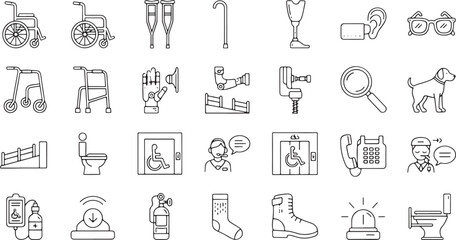 Disabled People Aids And Equipment Outline Icons Vector
