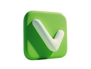 A 3d rendered white check mark symbol on a green square, isolated on a transparent background, signifying approval and a positive choice