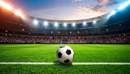 Soccer ball on green grass field in a stadium under blue sky