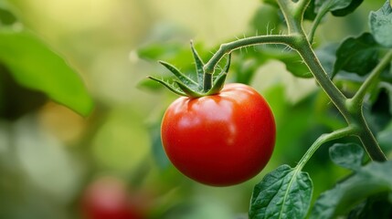 Ripe red tomato growing on the vine in a garden. (1)