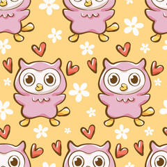 Seamless pattern cartoon of a cute and adorable little pink owl and a bright red heart. Frame with small, simple white flowers. Used for wrapping paper, wallpaper and fashion prints.