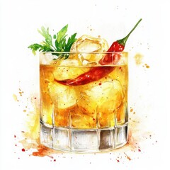 Watercolor illustration of Picante de la Casa cocktail with chili pepper, herbs, and ice cubes in a short glass, spicy golden drink in artistic style.