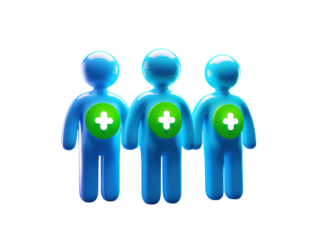 Three blue 3d figures with a green plus sign on their chest, isolated on a transparent background, representing teamwork and healthcare