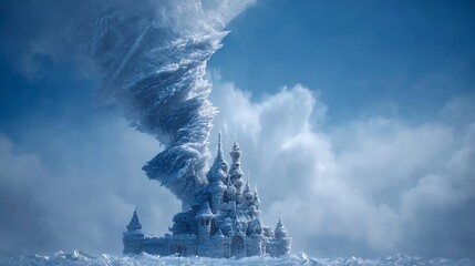 Fototapeta premium Ice Castle Towering in the Sky. Fantasy scene for web design, editorial, fantasy marketing.
