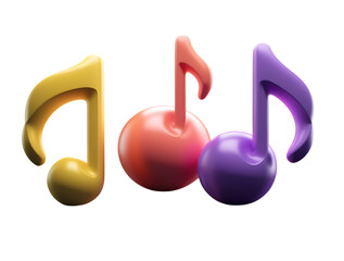Three colorful 3d musical notes isolated on a transparent background, representing music and sound