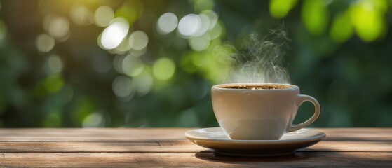 The steaming cup of coffee resting on a wooden table in nature.