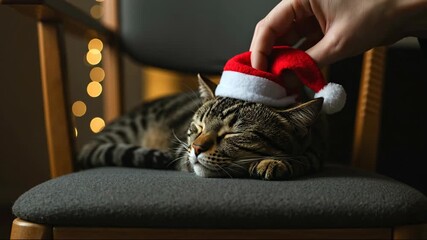 Sleeping tabby cat wearing santa hat on chair with lights. Cozy style. Peace and holiday mood concept. Christmas, pet products, greeting cards, shelter donations, winter sales, ecommerce - Powered by Adobe