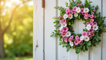 Floral wreath with pink and white flowers on wooden door outdoors  