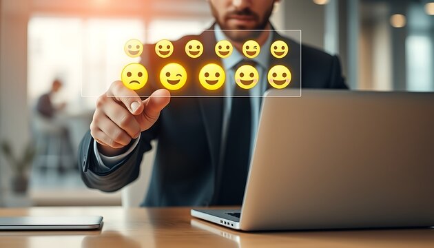Businessman selecting happy face emoji on digital screen suit laptop - Powered by Adobe