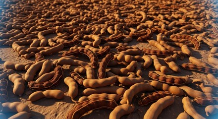 Obraz premium Abundance of Ripe Tamarind Pods Drying in the Sun, Representing Harvest and Natural Food Source