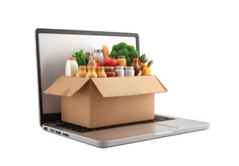 Laptop displaying a cardboard box filled with various food items