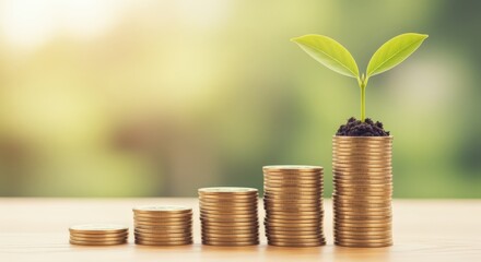Financial Growth Concept: Stacked Coins Ascending with a Sprout, Representing Investment and Sustainable Wealth