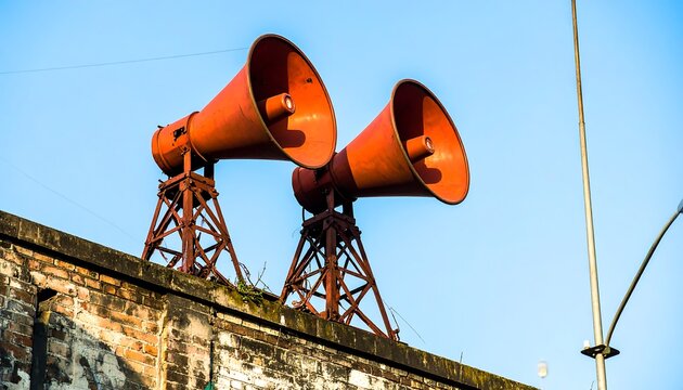 Two rusty orange loudspeakers mounted on a brick wall against a clear blue sky - Powered by Adobe
