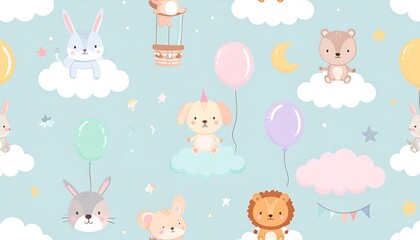 Cute animals and balloons on clouds pattern.