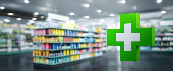 The vibrant pharmacy sign highlighting health and wellness products in a modern store