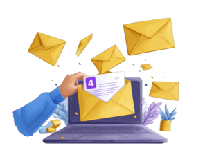 Hand opening email on laptop, surrounded by golden envelopes