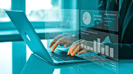 Business professional analyzing financial data on a futuristic laptop interface with graphs and charts for market strategy