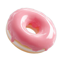 Pink glazed donut, glossy icing, light yellow inside