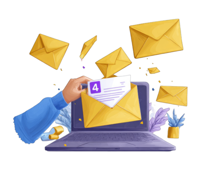 Hand opening email on laptop, surrounded by golden envelopes