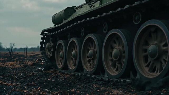 Tank tracks rolling across burned ground under cloudy sky. Military scene style. Conflict and security. Defense industry, risk assessment, crisis reports, museum exhibits, remembrance day, copy space