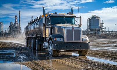 Transportation of oil and natural gas by truck at an oil refinery and petrochemical plant, capturing the industrial scale and importance of energy resources, Generative AI