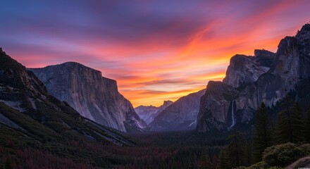 Majestic valley at sunrise with mist and warm golden light