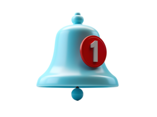 Isolated 3d render of a blue bell symbol with a red notification alert indicating the number one, on a transparent background