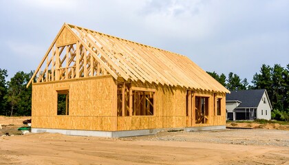 Obraz premium Wooden house frame under construction on a sunny day.